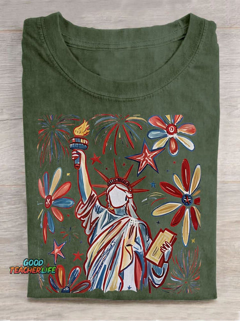 Retro 4th July Statue Of Liberty American Girl Teacher Casual Print T-shirt