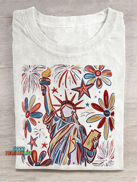 Retro 4th July Statue Of Liberty American Girl Teacher Casual Print T-shirt