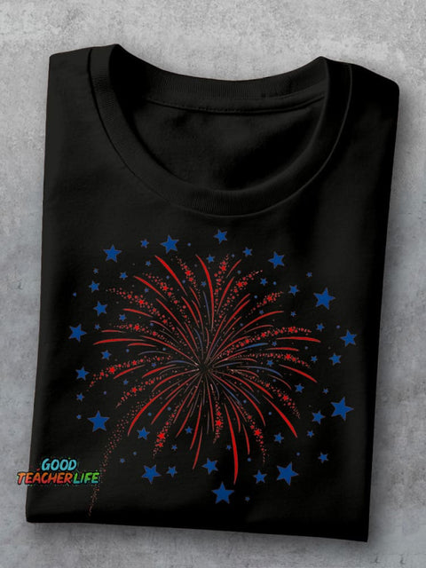 4th Of July Firework Teacher Casual Print T-shirt