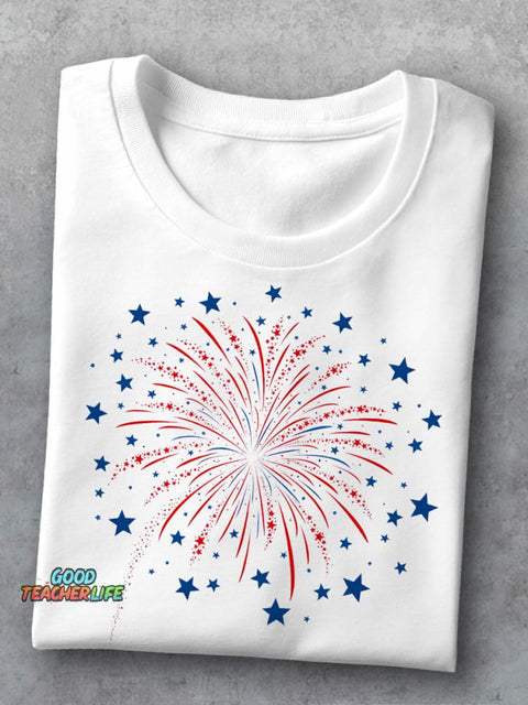 4th Of July Firework Teacher Casual Print T-shirt