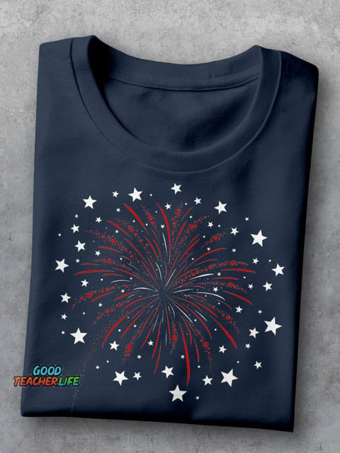4th Of July Firework Teacher Casual Print T-shirt