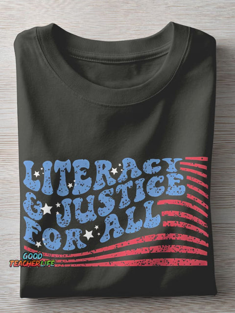 Flag Literacy And Justice For All Teacher Casual Print T-shirt