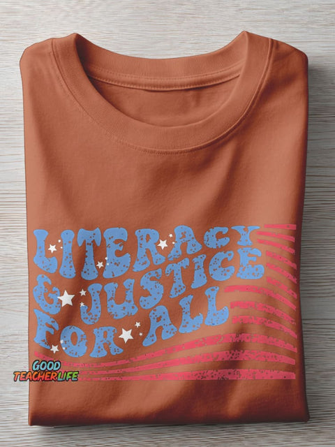 Flag Literacy And Justice For All Teacher Casual Print T-shirt