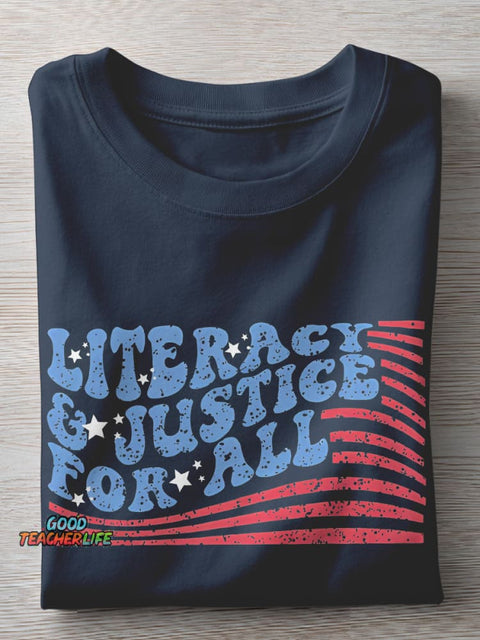 Flag Literacy And Justice For All Teacher Casual Print T-shirt