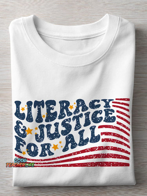 Flag Literacy And Justice For All Teacher Casual Print T-shirt