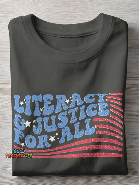 Flag Literacy And Justice For All Teacher Casual Print T-shirt