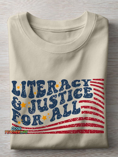Flag Literacy And Justice For All Teacher Casual Print T-shirt