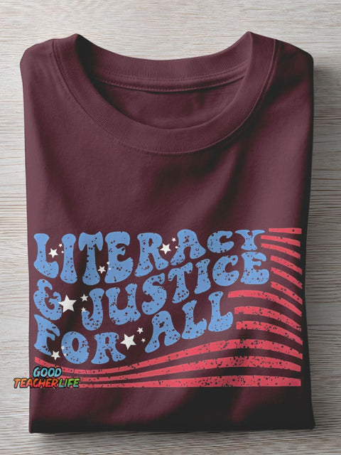 Flag Literacy And Justice For All Teacher Casual Print T-shirt