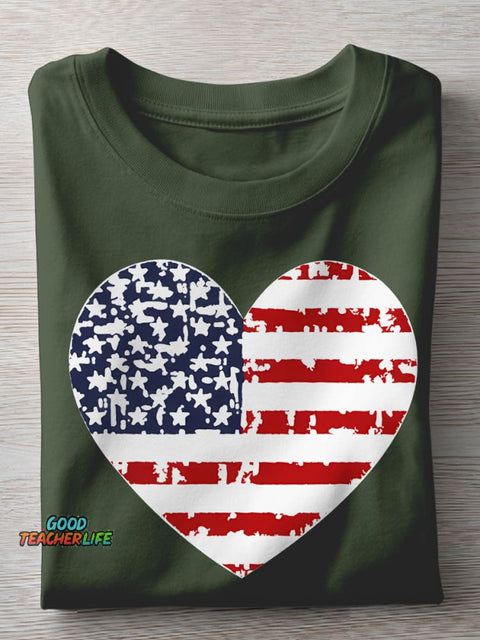 Independence Day Heart Teacher Casual Print T-shirt