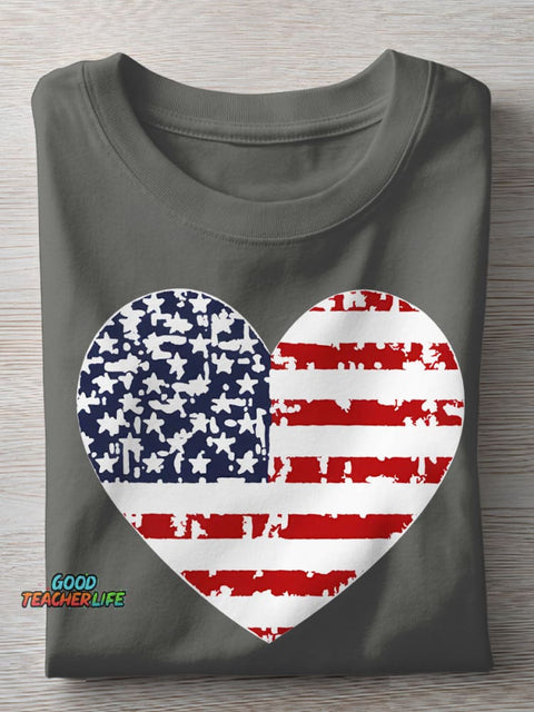 Independence Day Heart Teacher Casual Print T-shirt