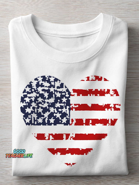 Independence Day Heart Teacher Casual Print T-shirt