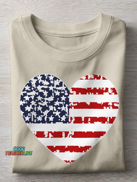 Independence Day Heart Teacher Casual Print T-shirt