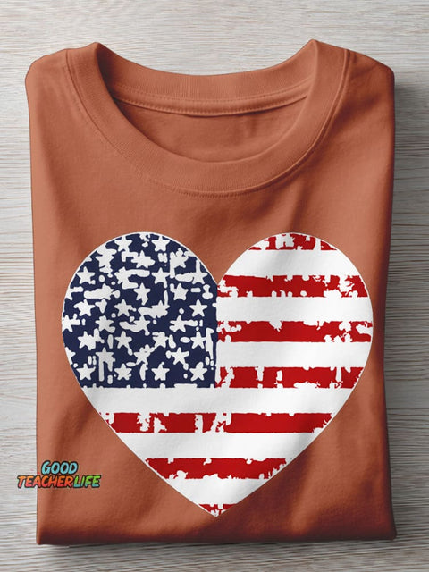 Independence Day Heart Teacher Casual Print T-shirt