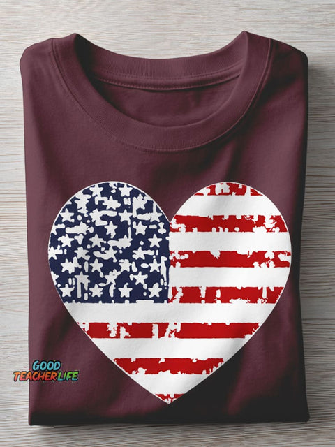 Independence Day Heart Teacher Casual Print T-shirt