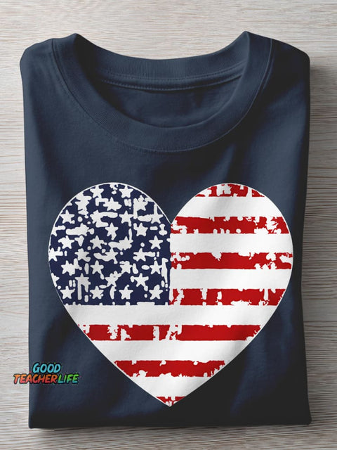 Independence Day Heart Teacher Casual Print T-shirt