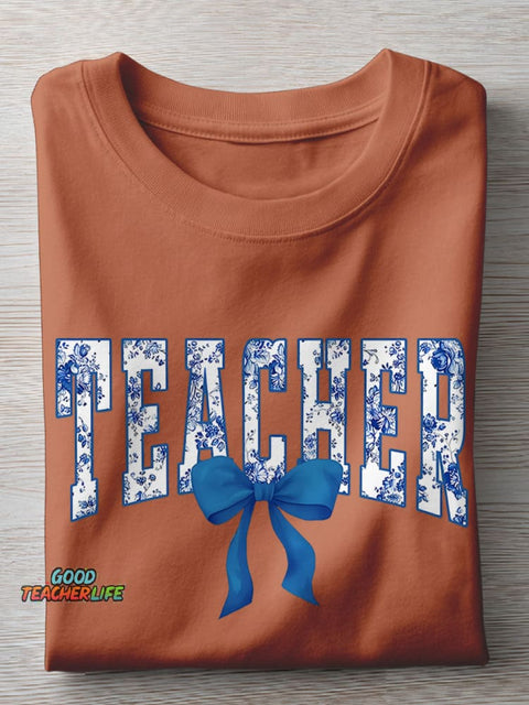 Blue Chinoiserie Teacher Casual Print T-shirt