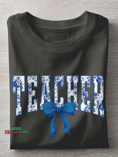 Blue Chinoiserie Teacher Casual Print T-shirt