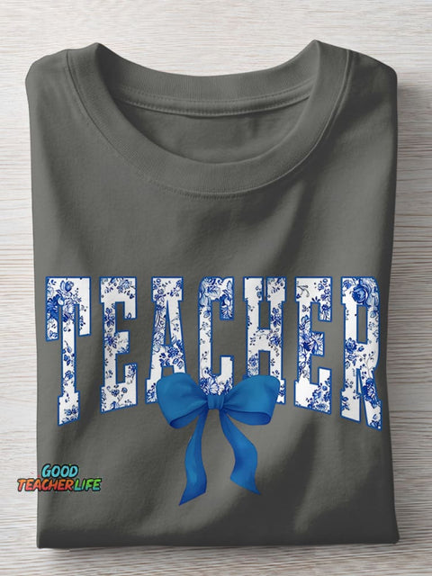 Blue Chinoiserie Teacher Casual Print T-shirt