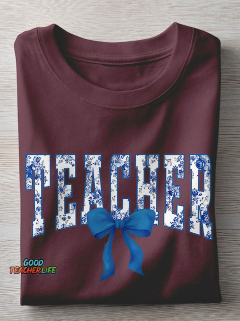 Blue Chinoiserie Teacher Casual Print T-shirt