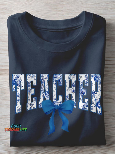Blue Chinoiserie Teacher Casual Print T-shirt