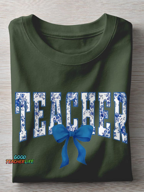 Blue Chinoiserie Teacher Casual Print T-shirt