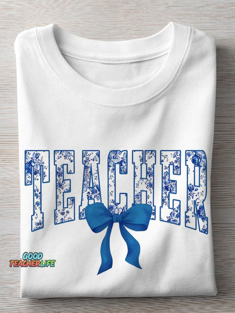 Blue Chinoiserie Teacher Casual Print T-shirt