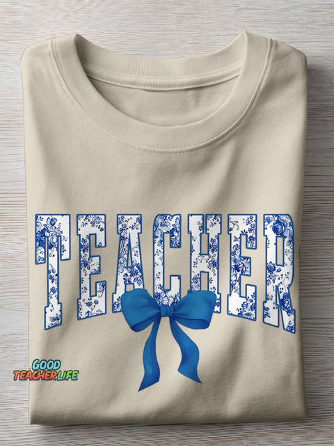 Blue Chinoiserie Teacher Casual Print T-shirt