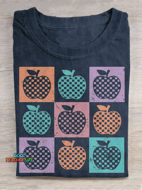 Retro Checkered Summer Teacher Apple Casual Print T-shirt