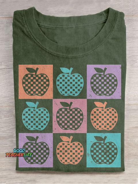 Retro Checkered Summer Teacher Apple Casual Print T-shirt