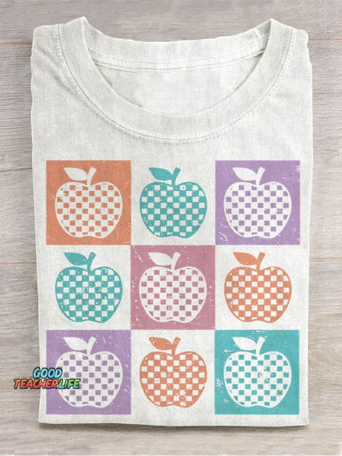Retro Checkered Summer Teacher Apple Casual Print T-shirt