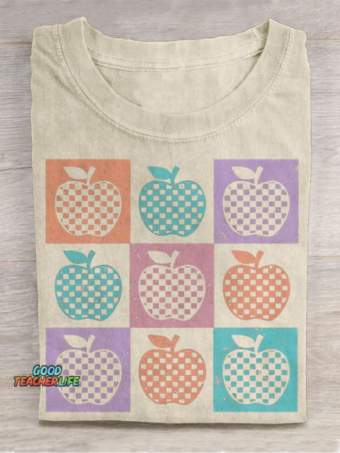 Retro Checkered Summer Teacher Apple Casual Print T-shirt