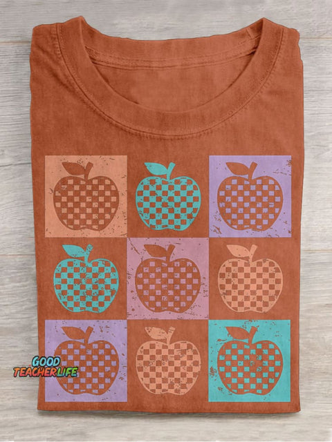 Retro Checkered Summer Teacher Apple Casual Print T-shirt
