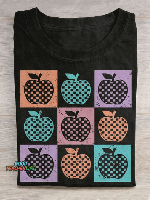 Retro Checkered Summer Teacher Apple Casual Print T-shirt