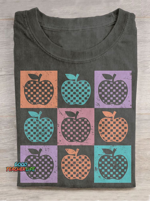 Retro Checkered Summer Teacher Apple Casual Print T-shirt