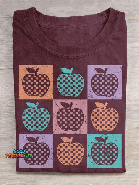 Retro Checkered Summer Teacher Apple Casual Print T-shirt