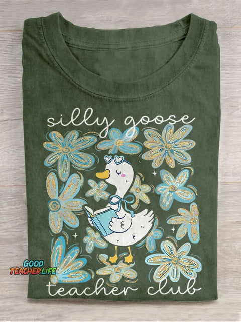 Silly Goose Floral Teacher Club Teacher Casual Print T-shirt