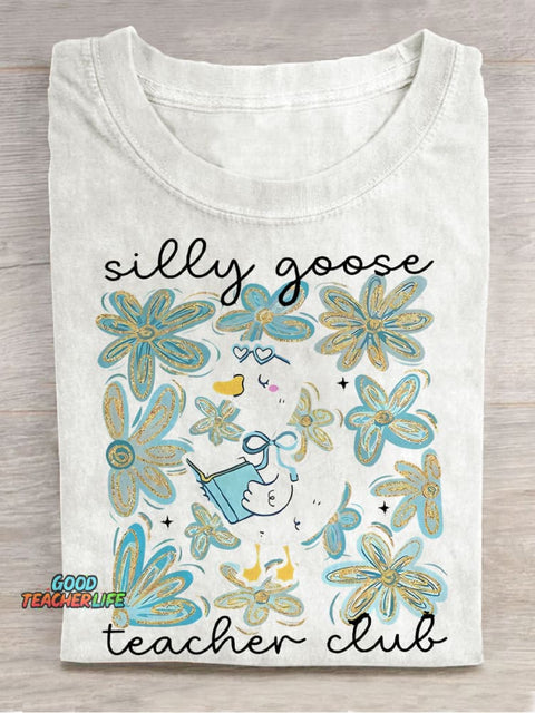 Silly Goose Floral Teacher Club Teacher Casual Print T-shirt