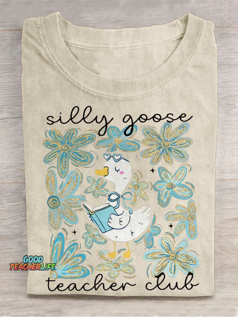 Silly Goose Floral Teacher Club Teacher Casual Print T-shirt