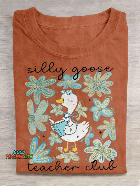 Silly Goose Floral Teacher Club Teacher Casual Print T-shirt
