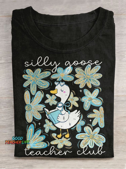 Silly Goose Floral Teacher Club Teacher Casual Print T-shirt
