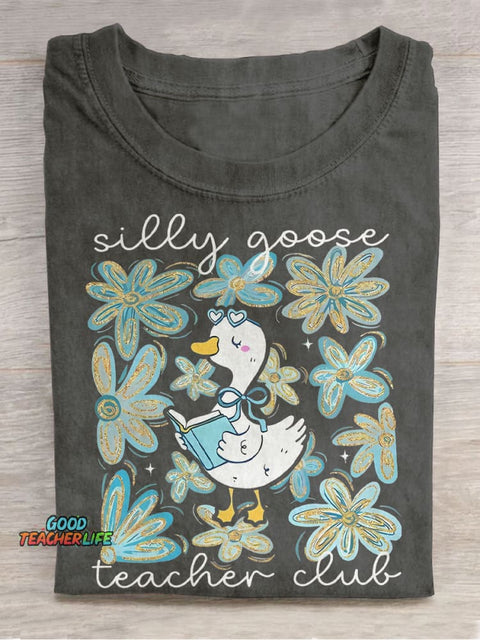 Silly Goose Floral Teacher Club Teacher Casual Print T-shirt