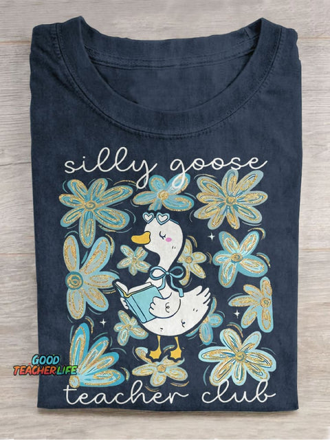 Silly Goose Floral Teacher Club Teacher Casual Print T-shirt