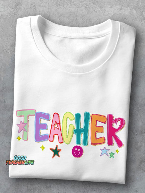 Funny Doodle Star Hand Drawn Colorful Preppy Teacher Casual Print T-shirt