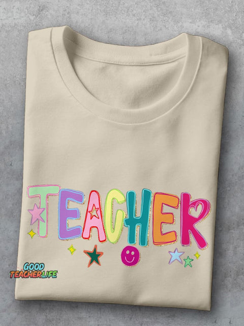 Funny Doodle Star Hand Drawn Colorful Preppy Teacher Casual Print T-shirt