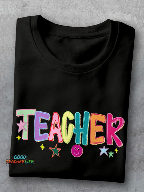 Funny Doodle Star Hand Drawn Colorful Preppy Teacher Casual Print T-shirt
