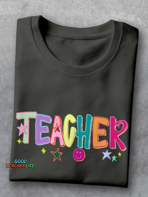 Funny Doodle Star Hand Drawn Colorful Preppy Teacher Casual Print T-shirt