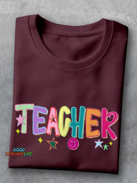 Funny Doodle Star Hand Drawn Colorful Preppy Teacher Casual Print T-shirt
