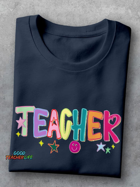 Funny Doodle Star Hand Drawn Colorful Preppy Teacher Casual Print T-shirt
