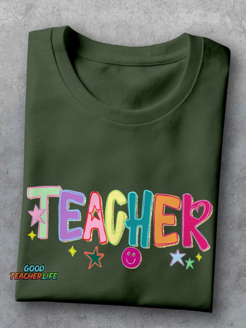 Funny Doodle Star Hand Drawn Colorful Preppy Teacher Casual Print T-shirt