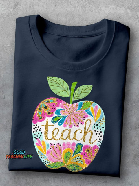 Floral Teach Apple Teacher Casual Print T-shirt